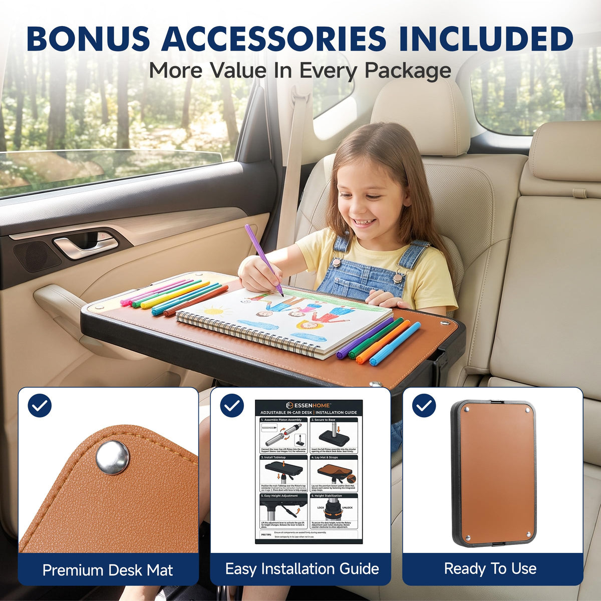 Compact Car Seat Tray Table with Premium Leather Mat (Large)