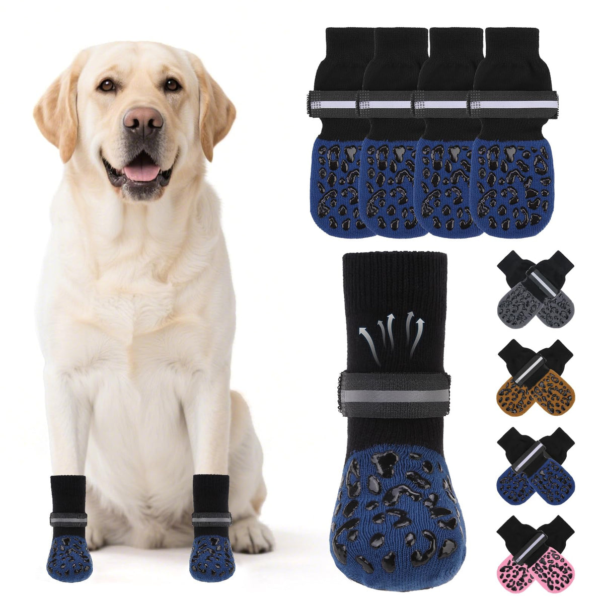 Anti Slip Dog Socks to Prevent Licking Paws (Navy Blue Reflective / Small (4 Pack))