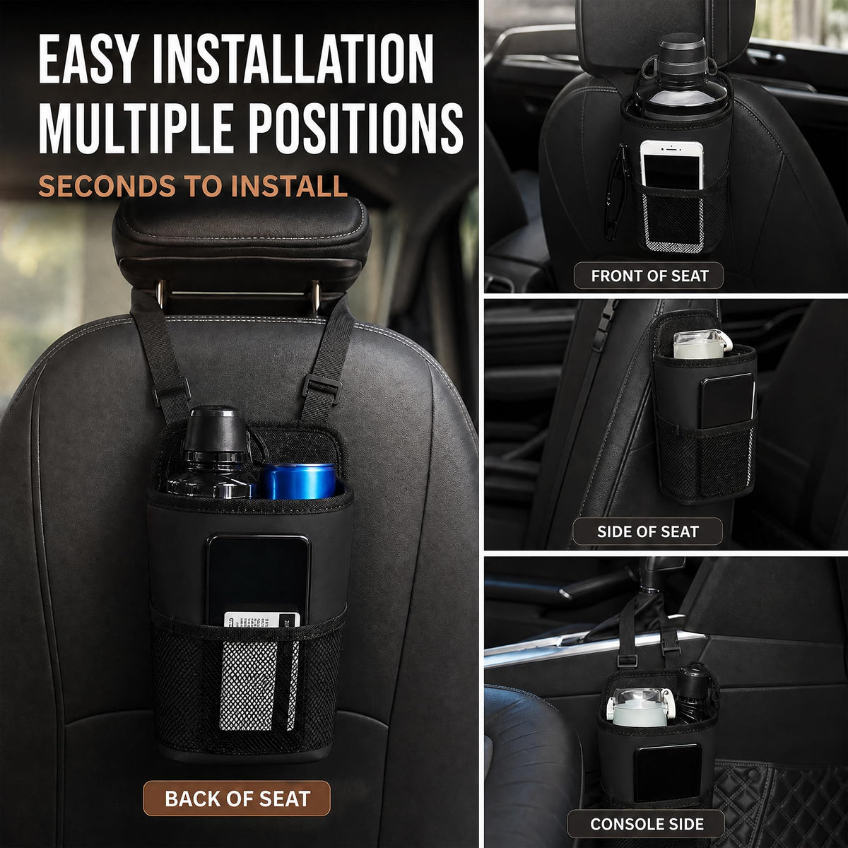2-in-1 Large Cup Holder, Car Seat Side Organizer, Car Seat Side Large Cup Holder Expander Adapter Bag, Auto Organizer Accessories Car Stuff Holder with Mesh Pocket for Phone & Drink (Black)