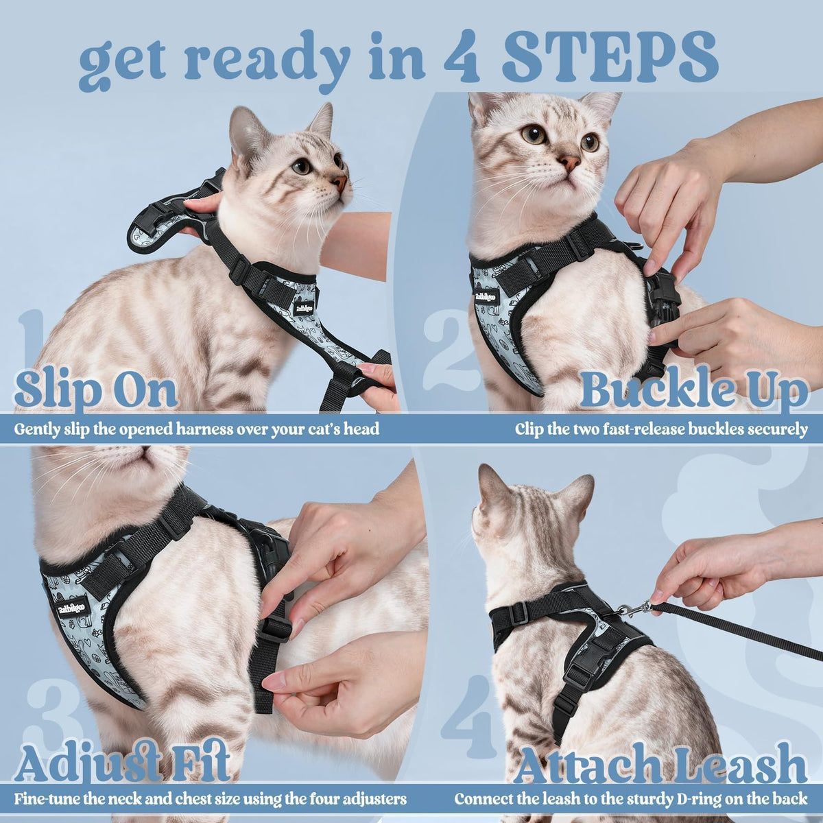 Cat Harness and Leash Set (Xs / Doodle Gray)