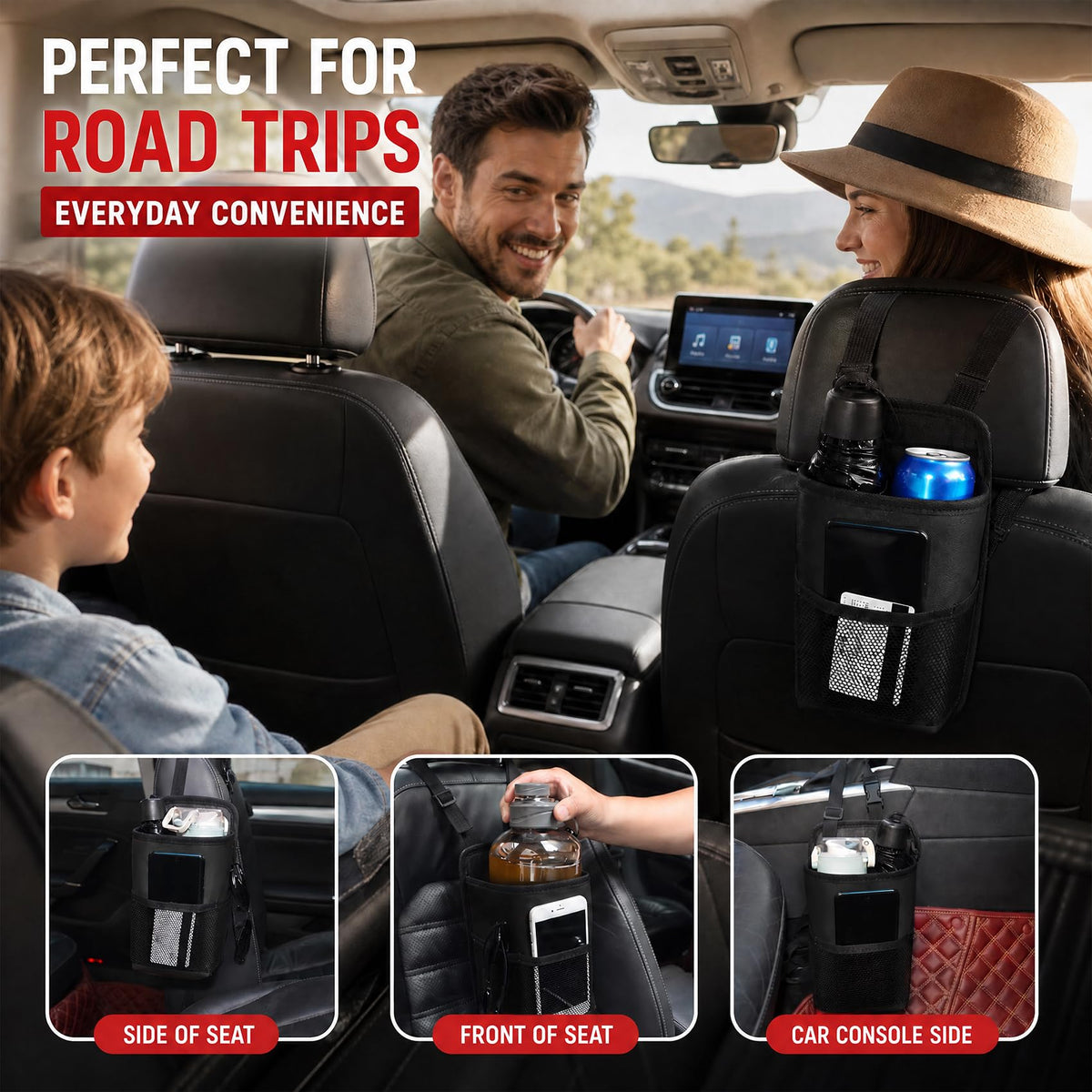2-in-1 Large Cup Holder, Car Seat Side Organizer, Car Seat Side Large Cup Holder Expander Adapter Bag, Auto Organizer Accessories Car Stuff Holder with Mesh Pocket for Phone & Drink (Black)