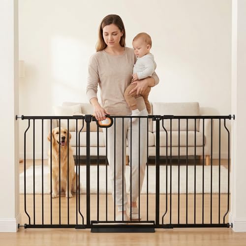 62.2 66.9 Inch Extra Wide Baby Gate with Door for Stairs Doorways (Black / 62.2-66.9inch)