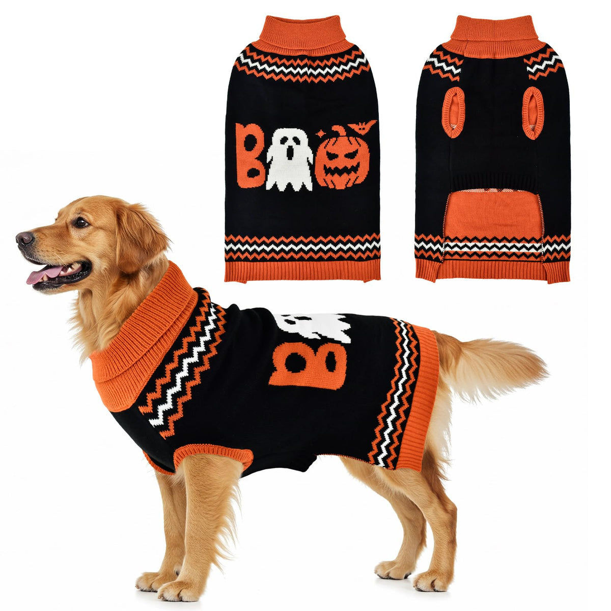 Halloween Dog Stripe Sweater Cute Pumpkin Ghost Pattern Pet Knitwear Clothes Festival Boo Letters Outfits Halloween Costume for Small Middle Large Dogs 3XL (XXX-Large)