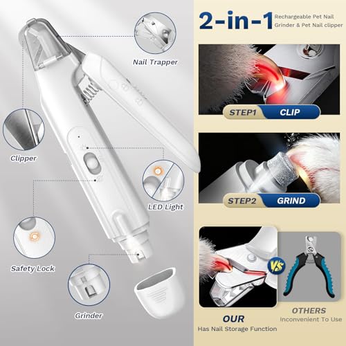 2-in-1 Dog Nail Clippers ＆ Grinder: Rechargeable Pet Trimmer with LED Light (White)