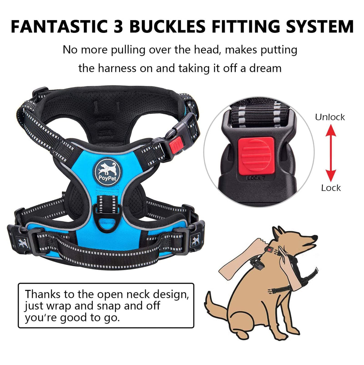 No Pull Dog Harness Medium with Front Clip & Neck Release Buckle (Medium / Blue)