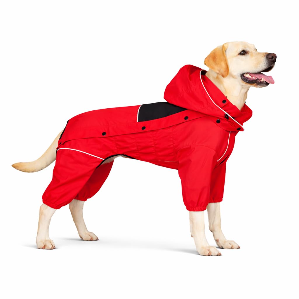 Fleece Lined Dog Raincoat with Removable Hood (Red-Fleeced / XL (Back 18"))