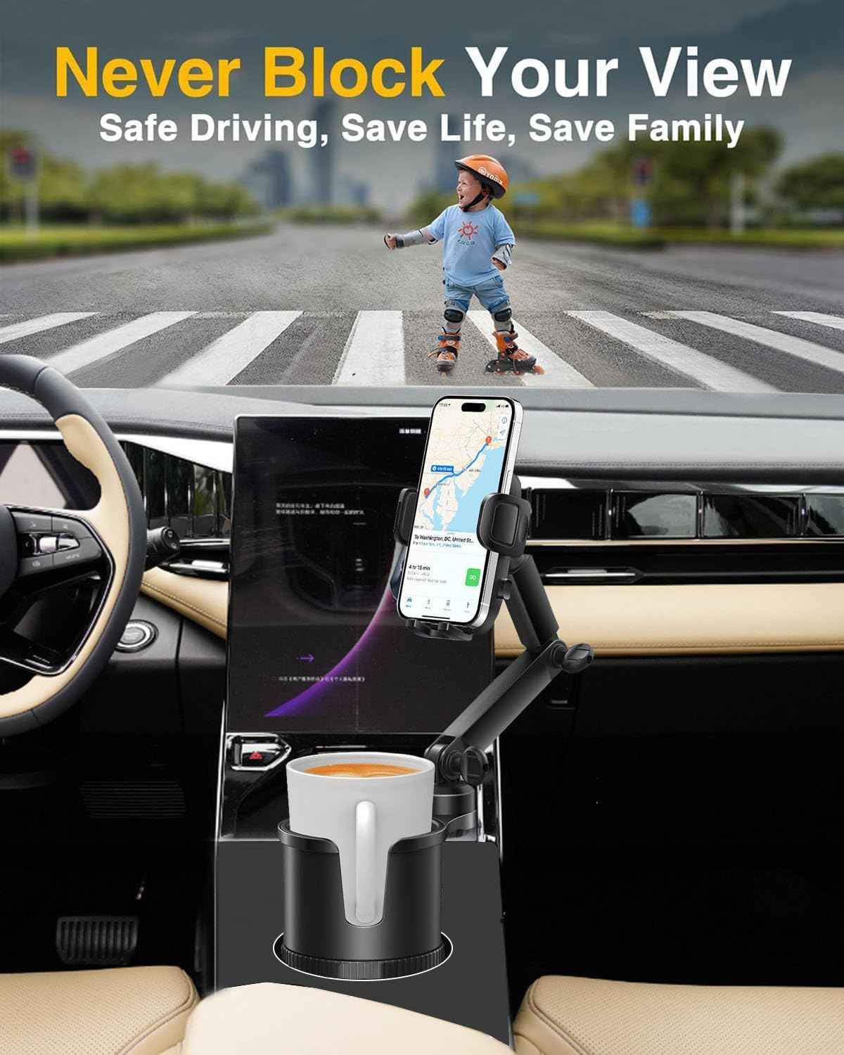 2-in-1 Cup Phone Holder for Car, 360° Adjustable Car Phone Mount (black)