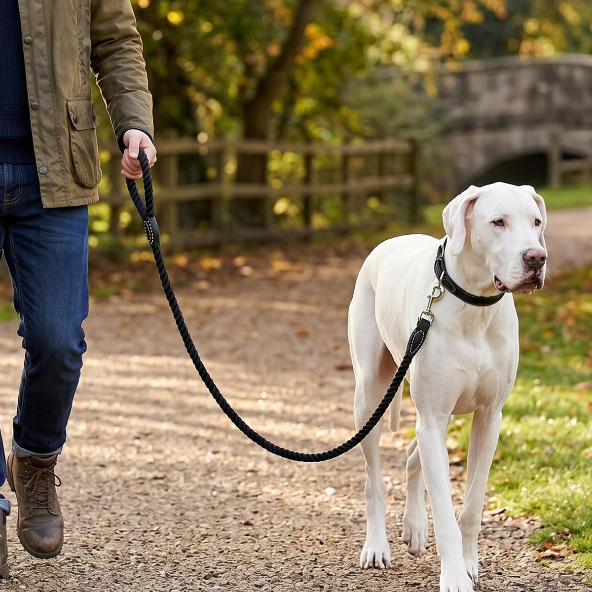 Dog Leash Braided Cotton Rope with Leather (Black / 60 Inch-1/2")