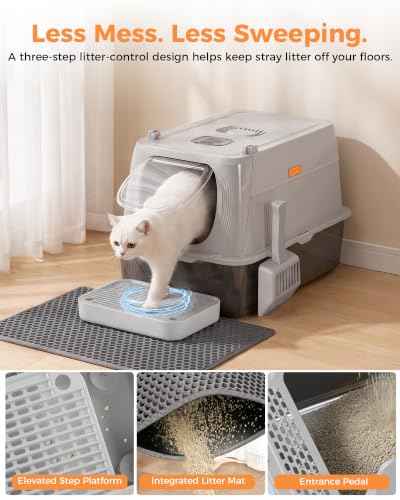XL Stainless Steel Cat Litter Box with Lid (Light Gray / 24" L × 16" W × 16" H)