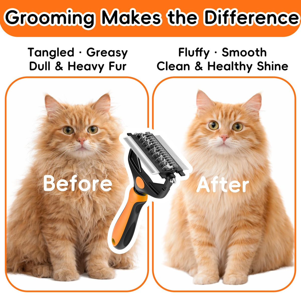 3-in-1 Professional Pet Grooming Brush for Dogs & Cats – Dematting Comb, Undercoat Rake & Deshedding Tool for Long & Short Hair, Heavy Shedding & Matted Fur (Organge) (Organge)