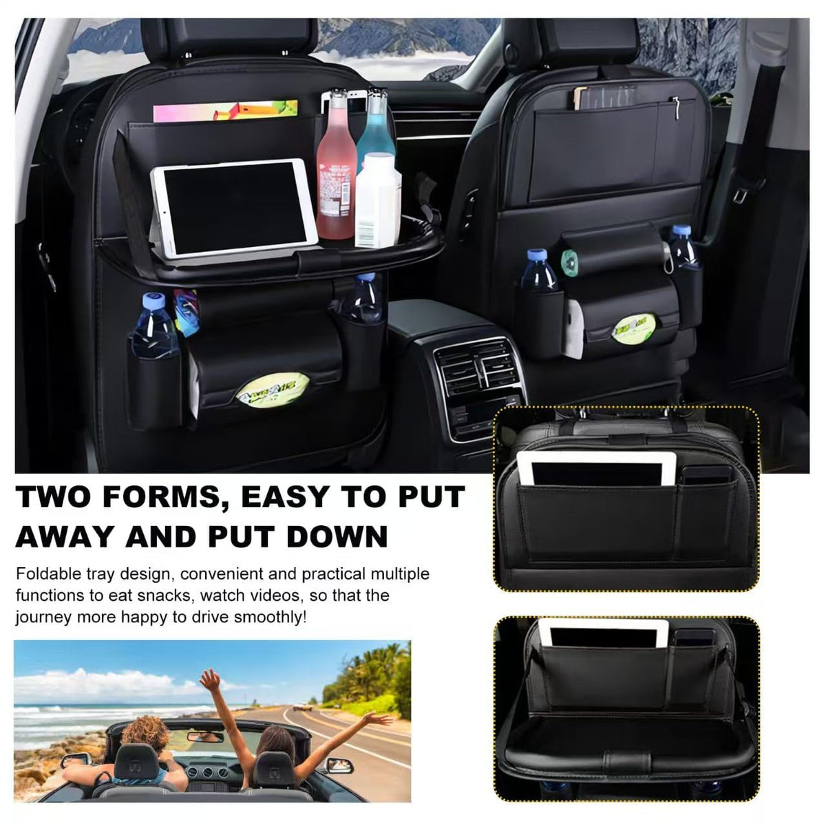 Premium PU Leather Backseat Seat Organizer with Foldable Table (1 Pack / Black)