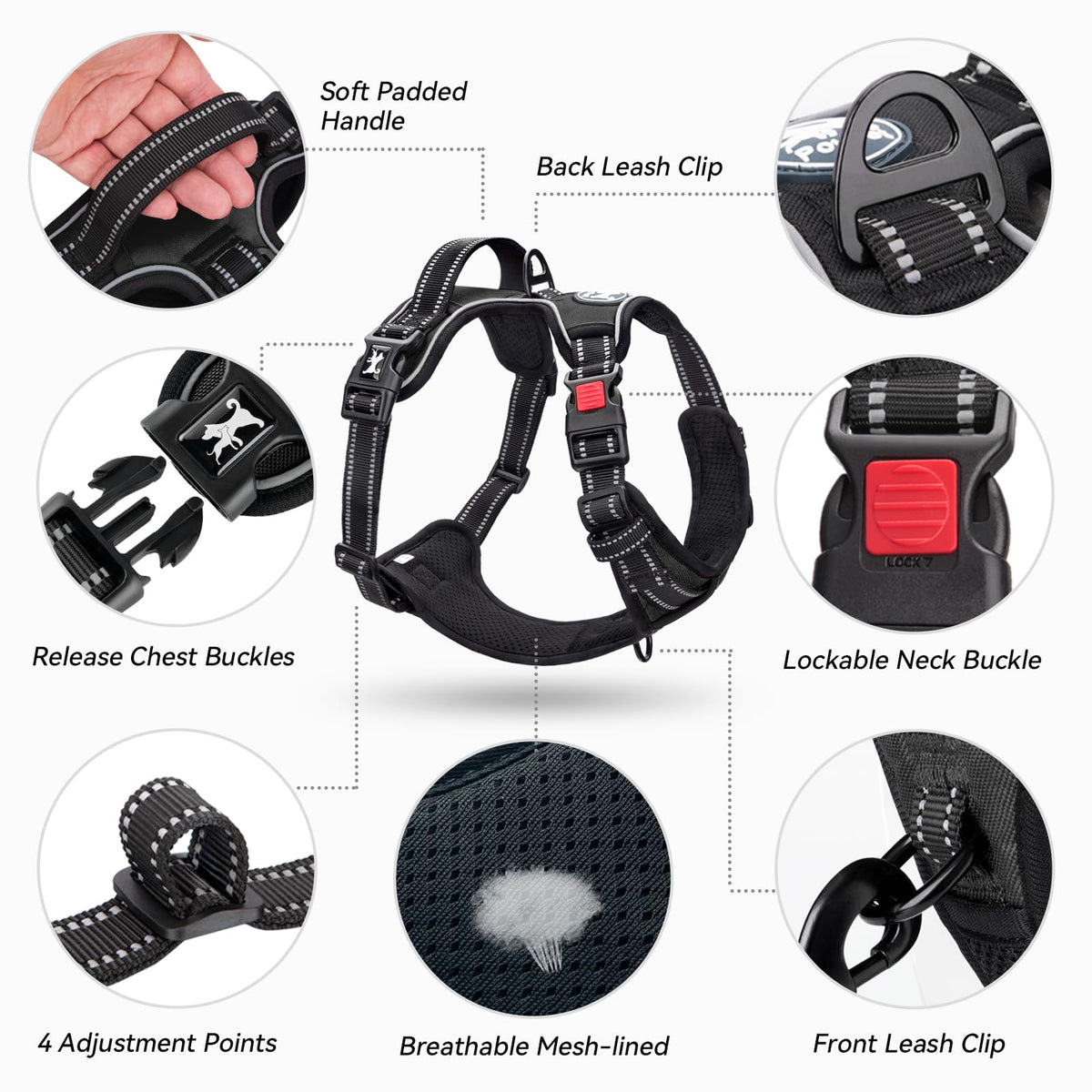 No Pull Dog Harness Medium with Front Clip & Neck Release Buckle (Medium / Black)