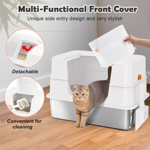 XL Enclosed Stainless Steel Cat Litter Box with Lid (White)