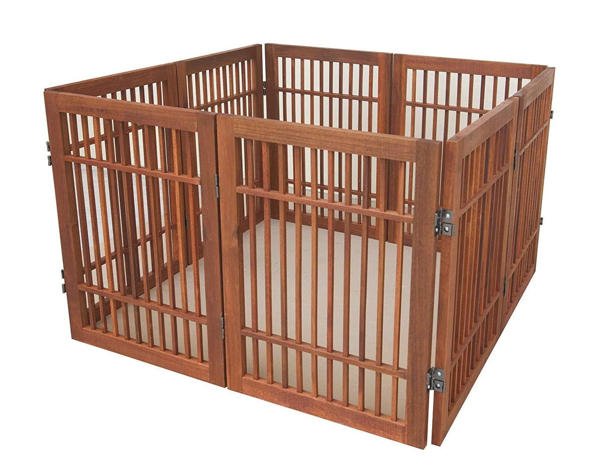Freestanding Wooden Dog Gate Foldable Indoor Pet Gate No Drill Expandable Barrier for Doorways Stairs Hallways Portable Wood Fence for Small Dogs & Puppies (8 Panel 24" Tall / Brown Pet Gate)