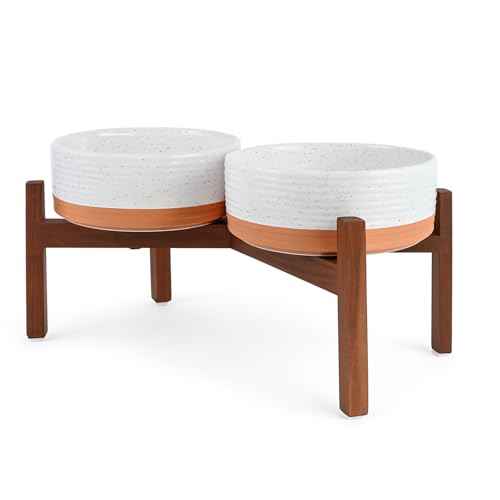 Ceramic Elevated Dog Bowl Set with Acacia Wood Stand for Food and Water for Medium Dog (42.27 Oz / White and Reddish Brown)
