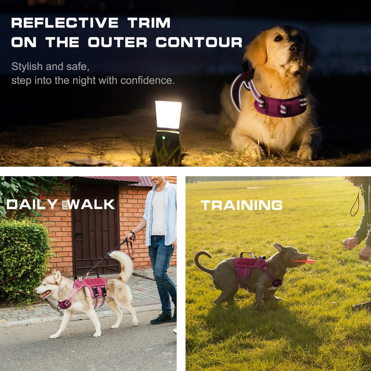 Dog Harness for Large Dogs (Pink / L(Neck:18-24",Chest:25-36"),45-80 lbs)