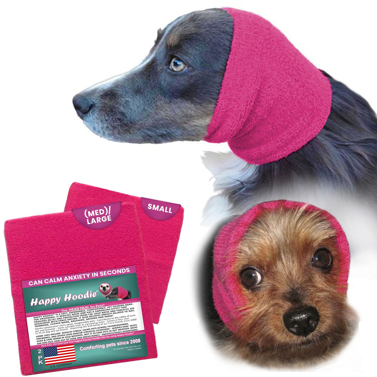 Happy Hoodie 2 Pack Dog and Cat Calming Band for Noise and Anxiety Relief (Pink — 2-Pack: Small + (Med)Large)