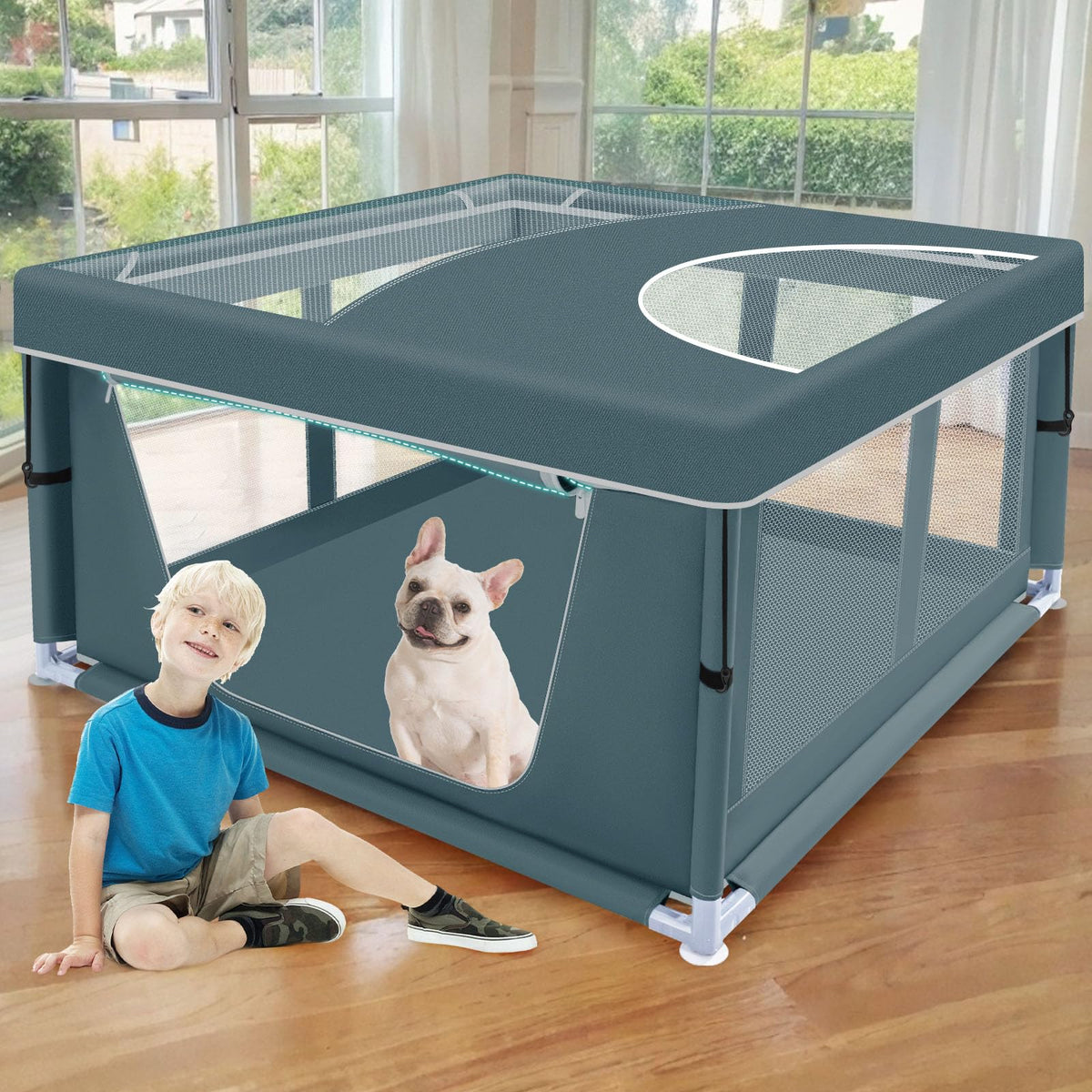 42x42 Inch Puppy Playpen with Cover (Bluish Green / 42x42 IN With Cover)