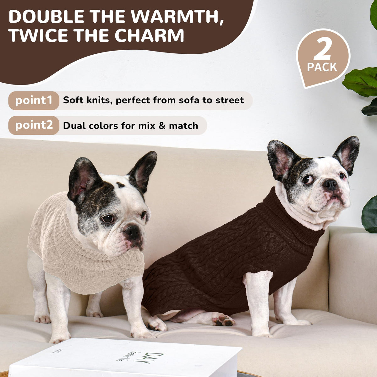 Dog Sweater 2 Pack for Medium Dogs (Oatmeal & Brown / Medium)