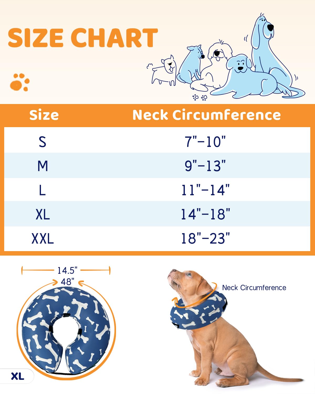 Inflatable Dog Cone Alternative After Surgery (T Bone Navy / XL(Neck 14"-18"))