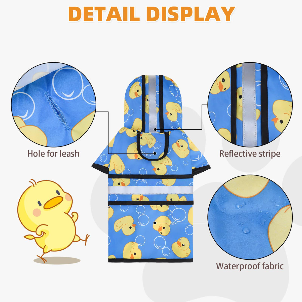 Dog Raincoat Hooded Slicker Poncho with Leash Hole (M:15-20lbs / Yellow Duck)