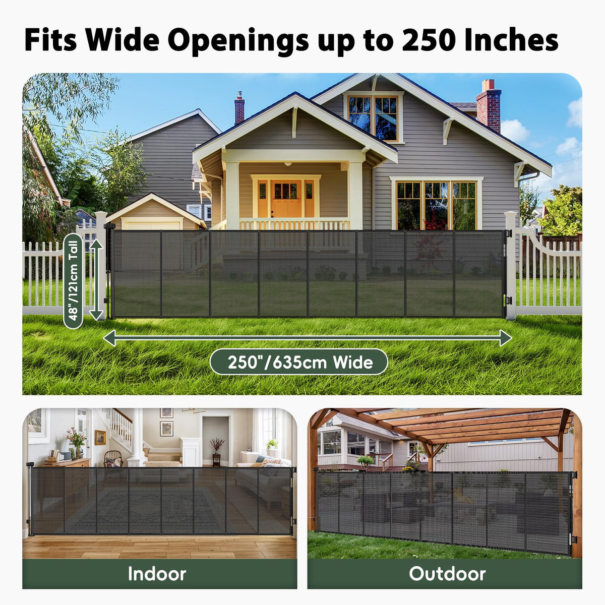 250" Extra Wide Baby Gate Retractable Dog Gate for Deck (Black / (48" Tall x 250" Wide))