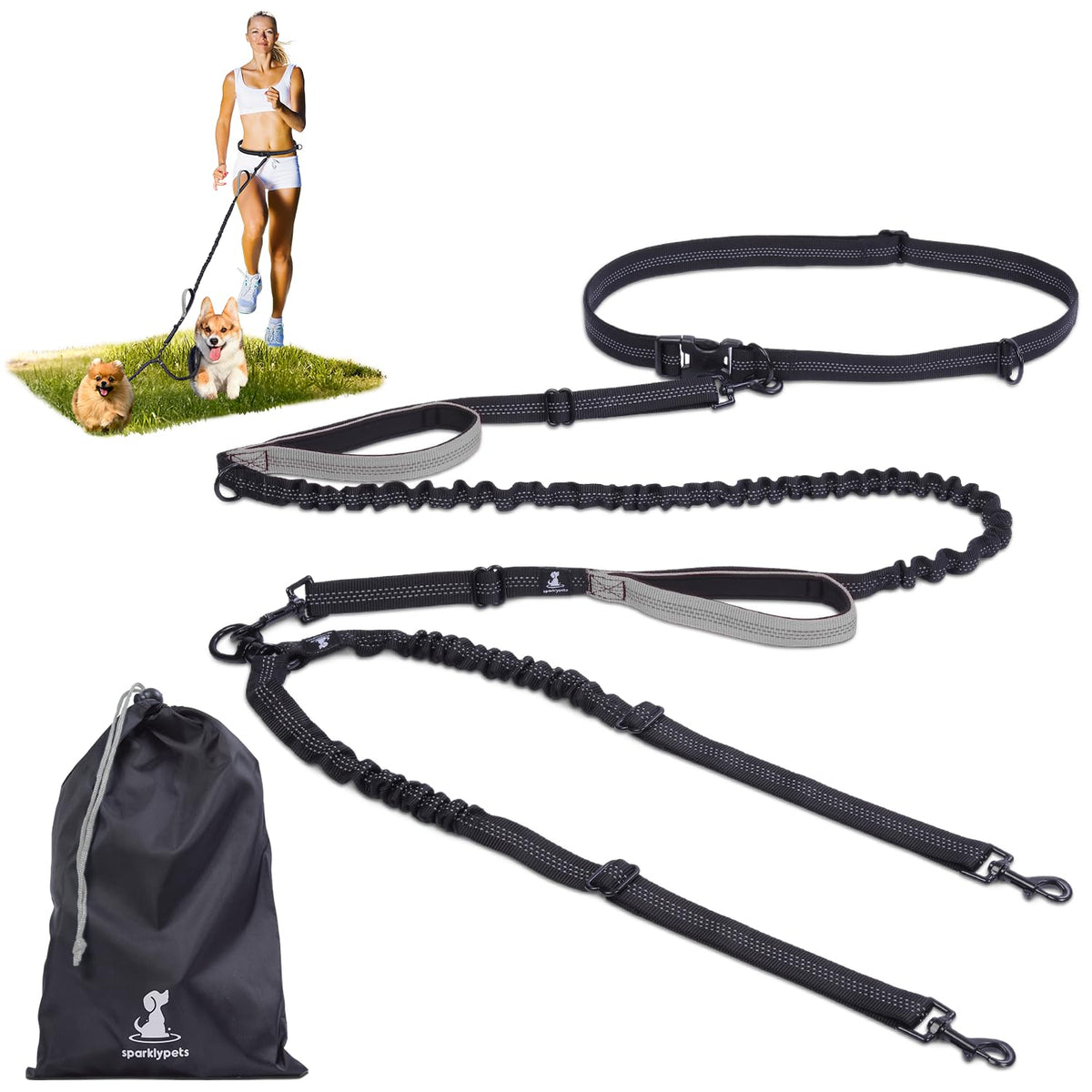 Hands Free Dual Dog Leash (Gray / 2 dogs S)
