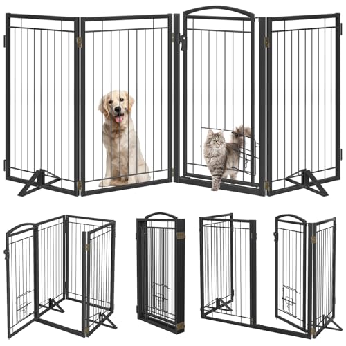 Full Metal Freestanding Dog Gate with Cat Door for Indoor & Outdoor (Black / 【4 Panels with Door】80"W×36"H)