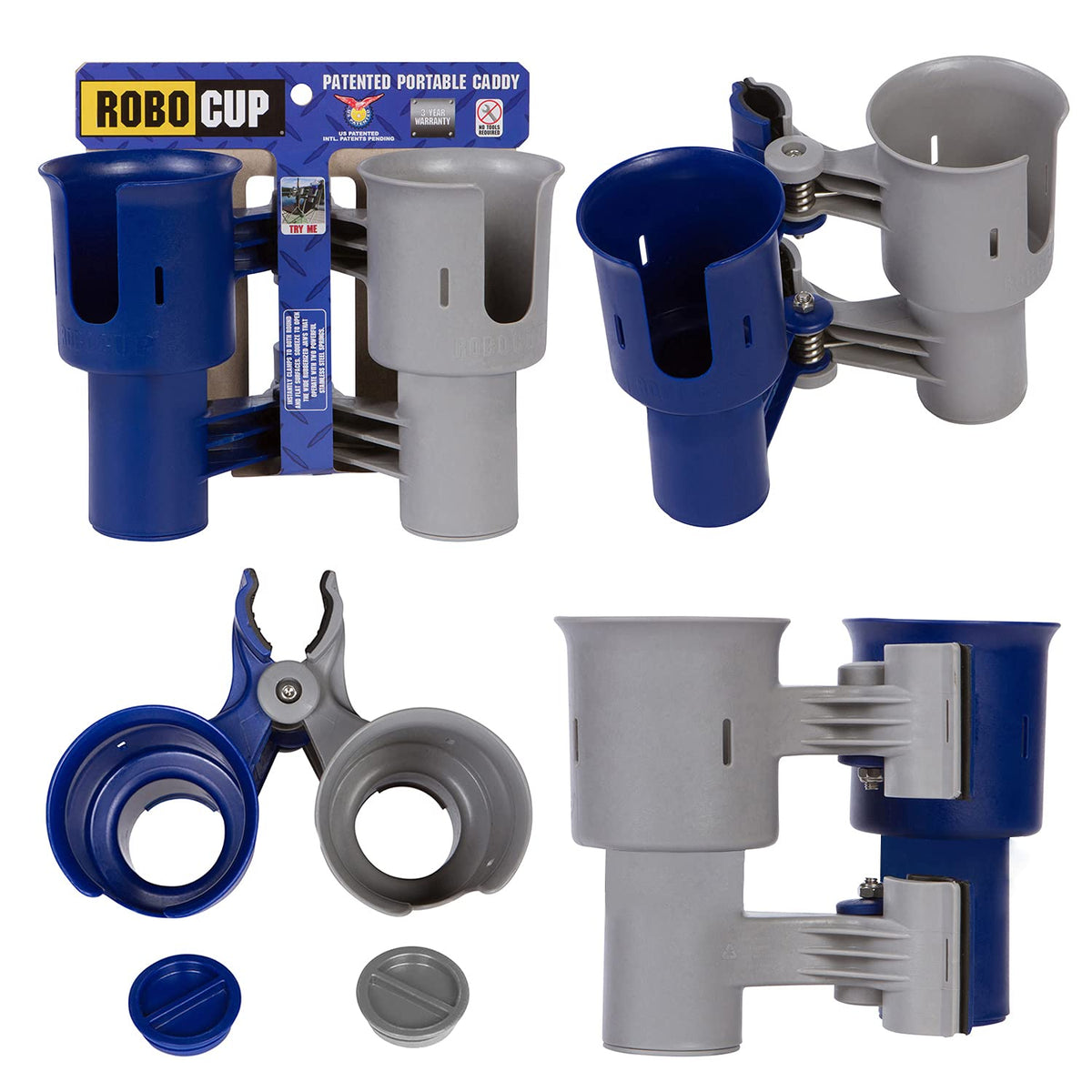 Navy&Gray), Patented Clamp On Boat Cup Holder |Multifunction Dual Drink Caddy for Fishing Poles, Tools, Net, Gaff |Portable Storage for Boating, Beach, Umbrellas, Golf Carts, Strollers (Navy & Gray / Standard Spring)