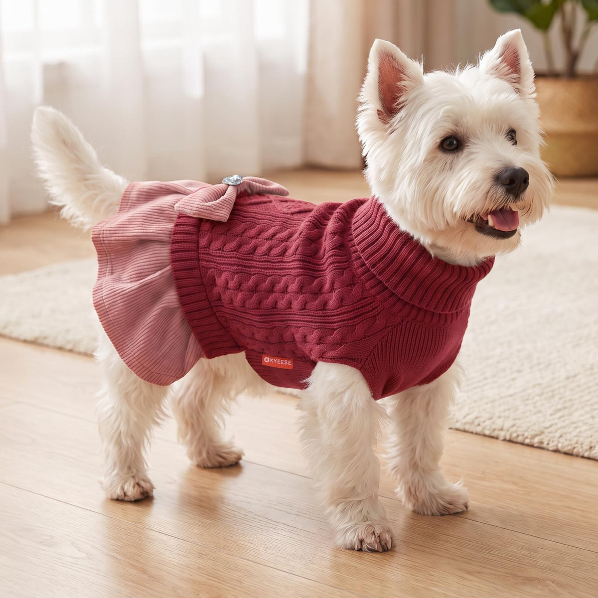 Dog Christmas Sweater Dress for Small Medium Dogs Turtleneck Knit (X-Large (24-35lbs) / Red+Pink)