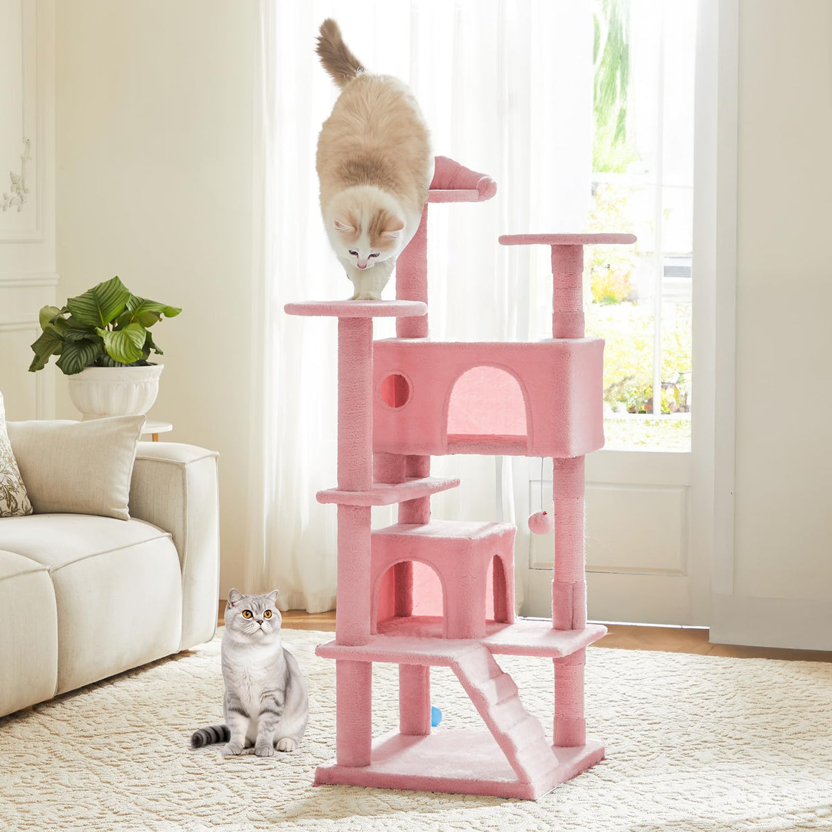 54 Inch Cat Tree Tower with Sisal Scratching Post (Pink / 54"×19.7"×19.7")