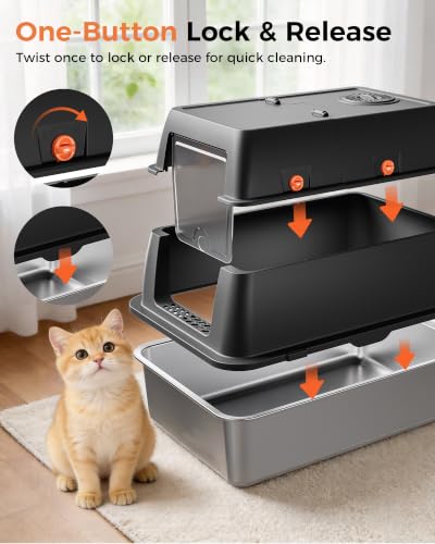 XXL Stainless Steel Cat Litter Box with Lid (Carbon Black / 23" L × 16" W × 18" H)