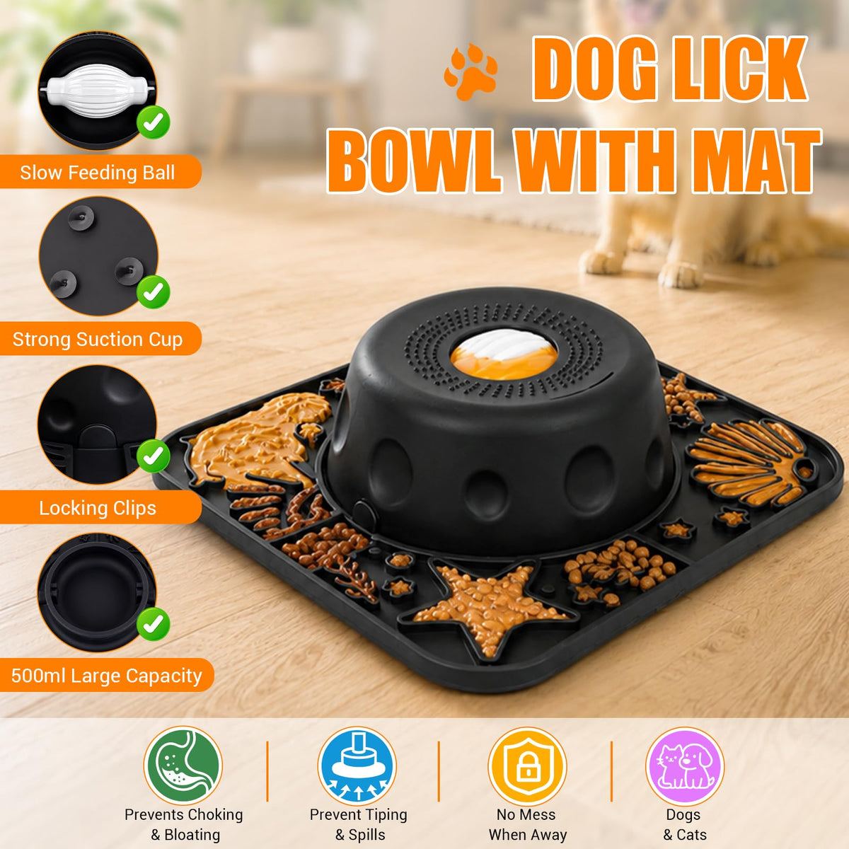 Large Dog Lick Bowl with Rolling Ball (Black)
