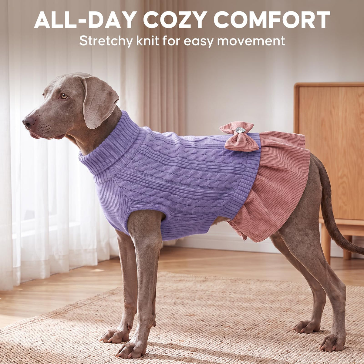 Dog Sweater Dress for Medium Large Dogs Turtleneck Thick Knit (XX-Large (40-70lbs) / Light Purple)