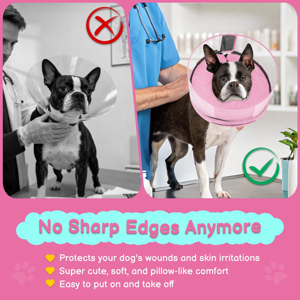 Inflatable Dog Cone with Clear Shield for Added Coverage (Pink / S (Neck: 5"-8"))