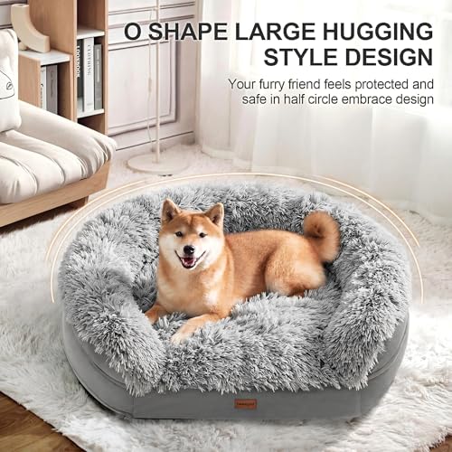 Fluffy Calming Orthopedic Dog Beds for Large & Extra Large Dogs (Grey / 44.0"Lx32.6"Wx7.6"H)