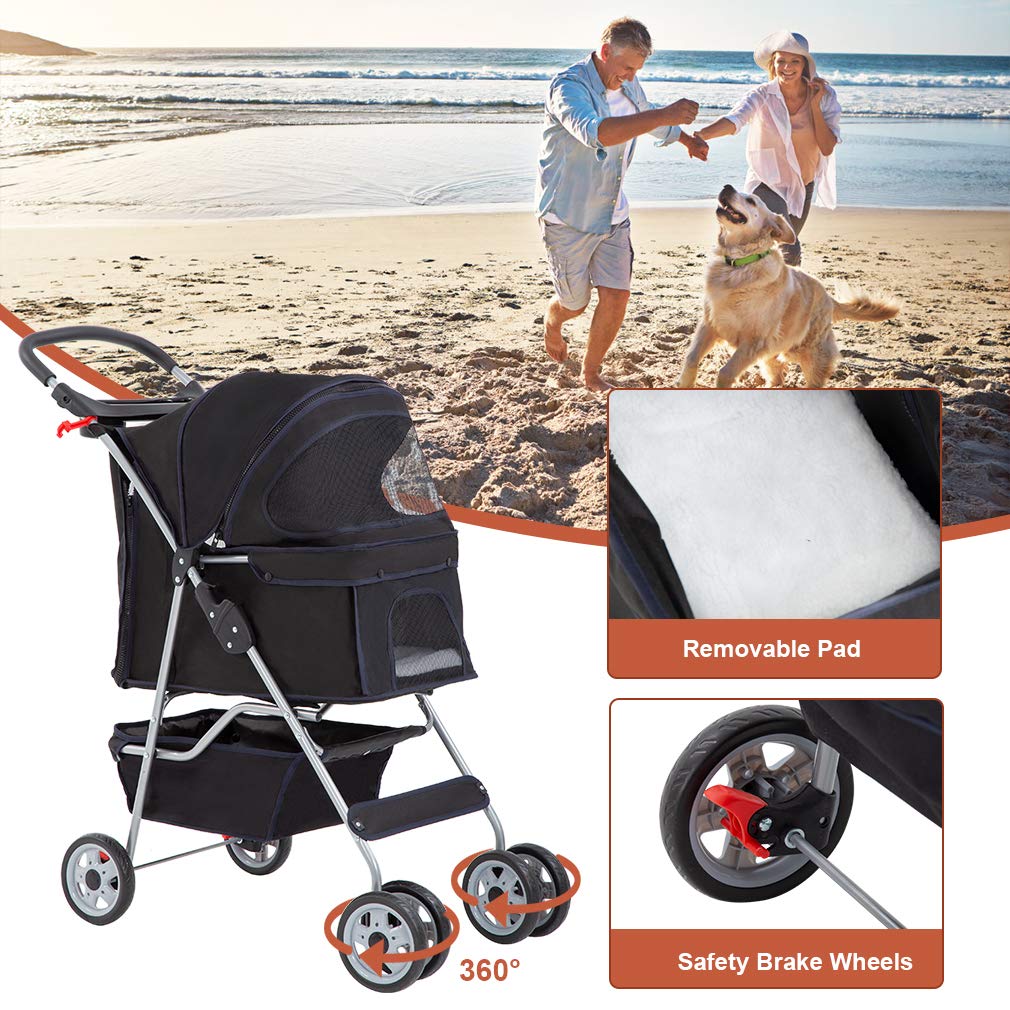 4 Wheel Foldable Pet Stroller (Black / 4 Wheels)
