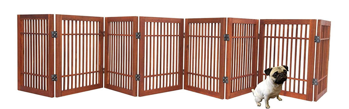 Freestanding Wooden Dog Gate Foldable Indoor Pet Gate No Drill Expandable Barrier for Doorways Stairs Hallways Portable Wood Fence for Small Dogs & Puppies (8 Panel 24" Tall / Brown Pet Gate)