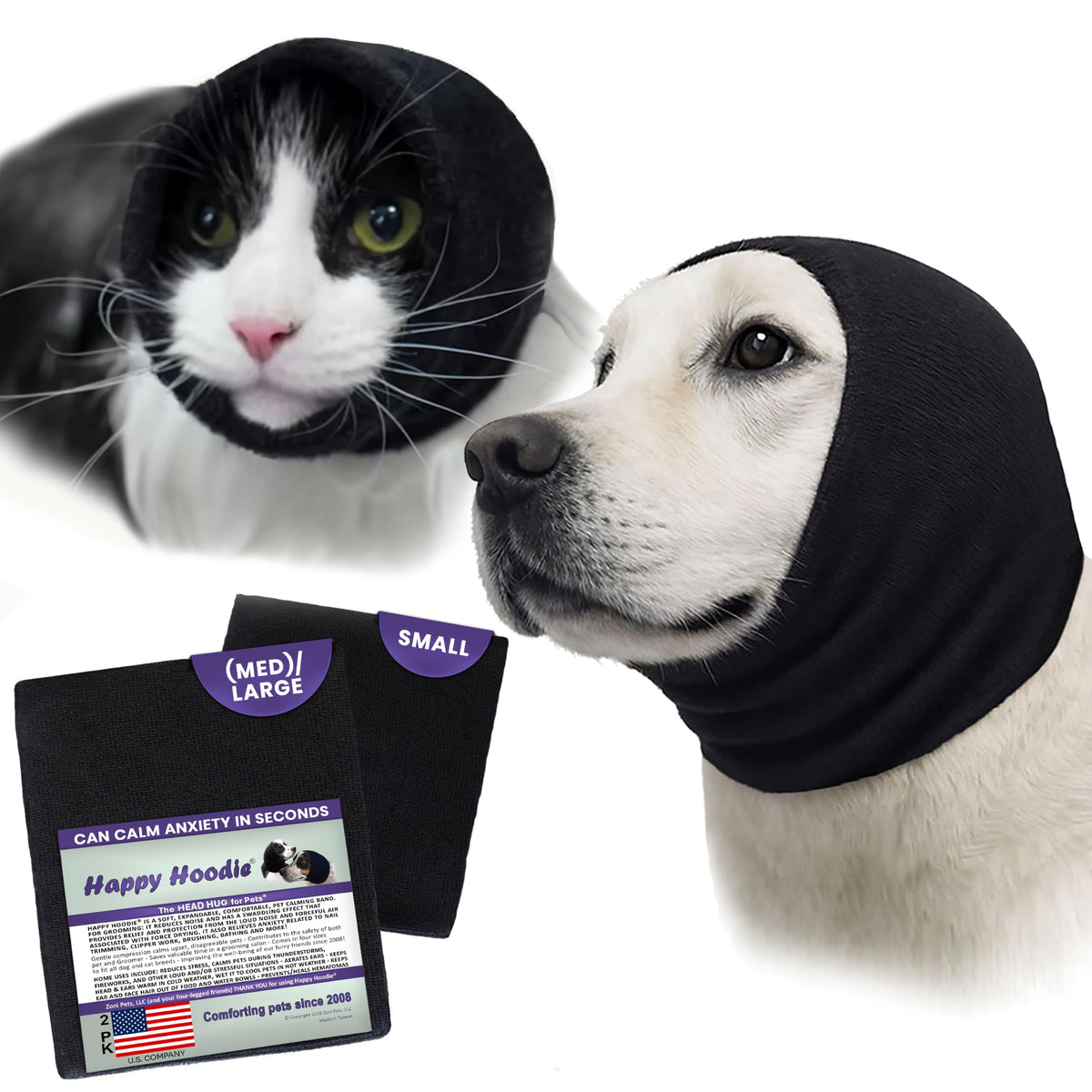 Happy Hoodie 2 Pack Dog and Cat Calming Band for Noise and Anxiety Relief (Black — 2-Pack: Small + (Med)Large)