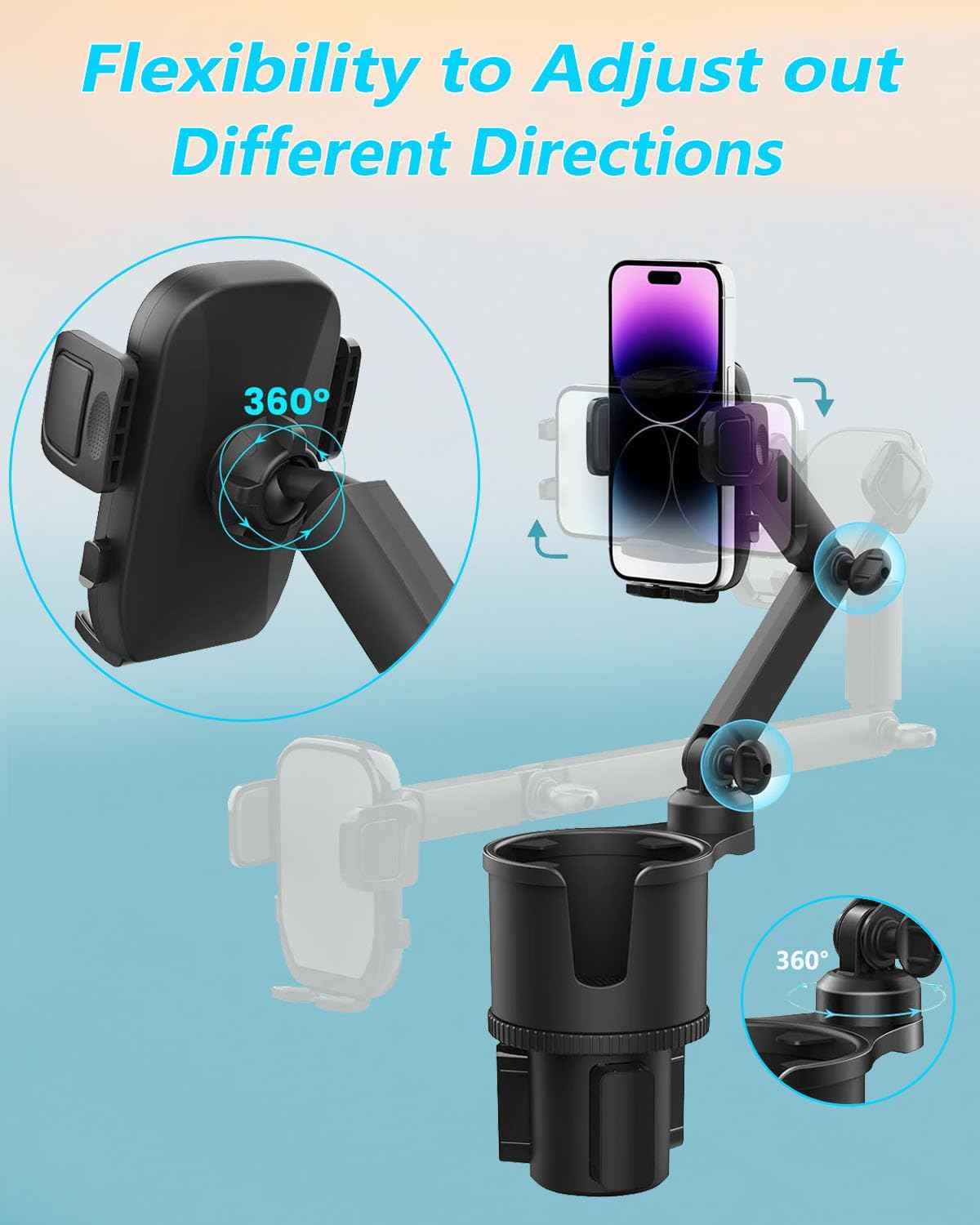 2-in-1 Cup Phone Holder for Car, 360° Adjustable Car Phone Mount (black)