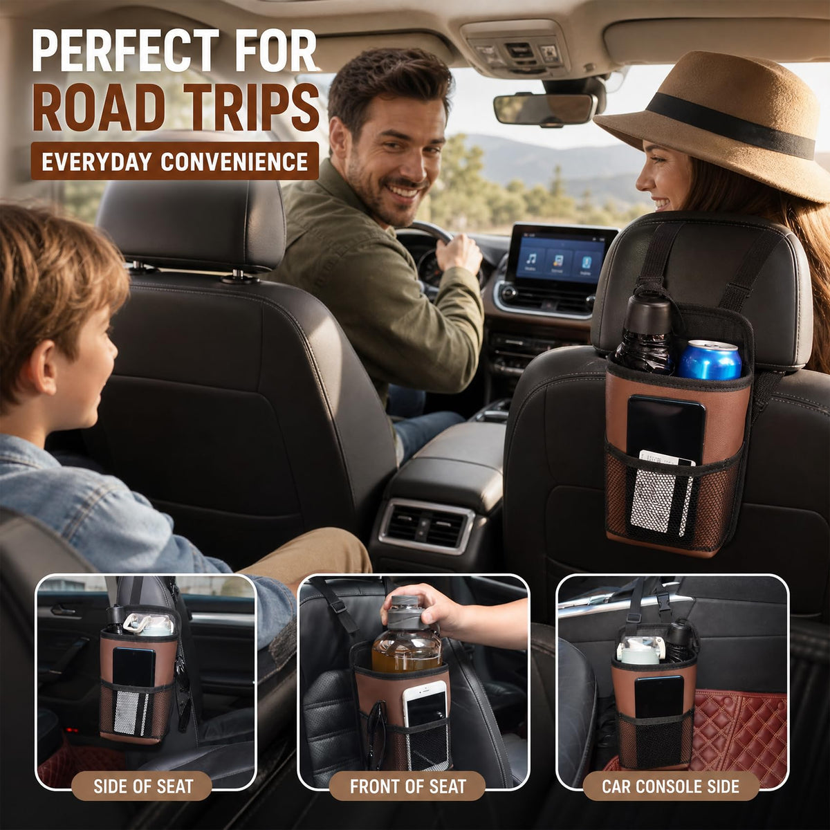 2-in-1 Large Cup Holder, Car Seat Side Organizer, Car Seat Side Large Cup Holder Expander Adapter Bag, Auto Organizer Accessories Car Stuff Holder with Mesh Pocket for Phone & Drink (Brown)