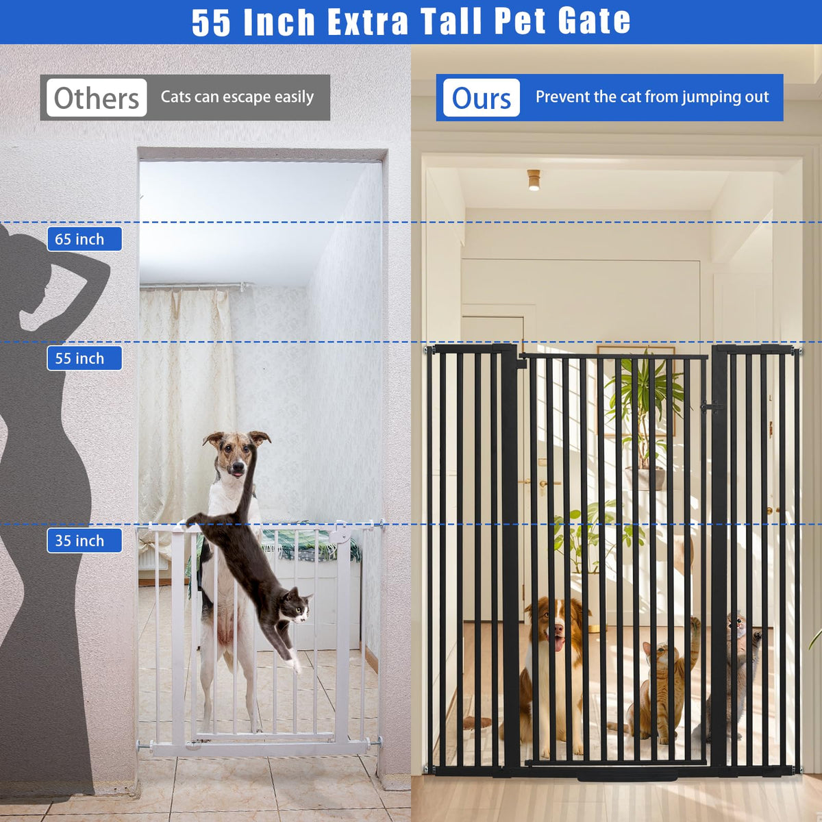 55 Inch Extra Tall Pet Gate for Cats (Black / 55" tall,29.92" - 48")