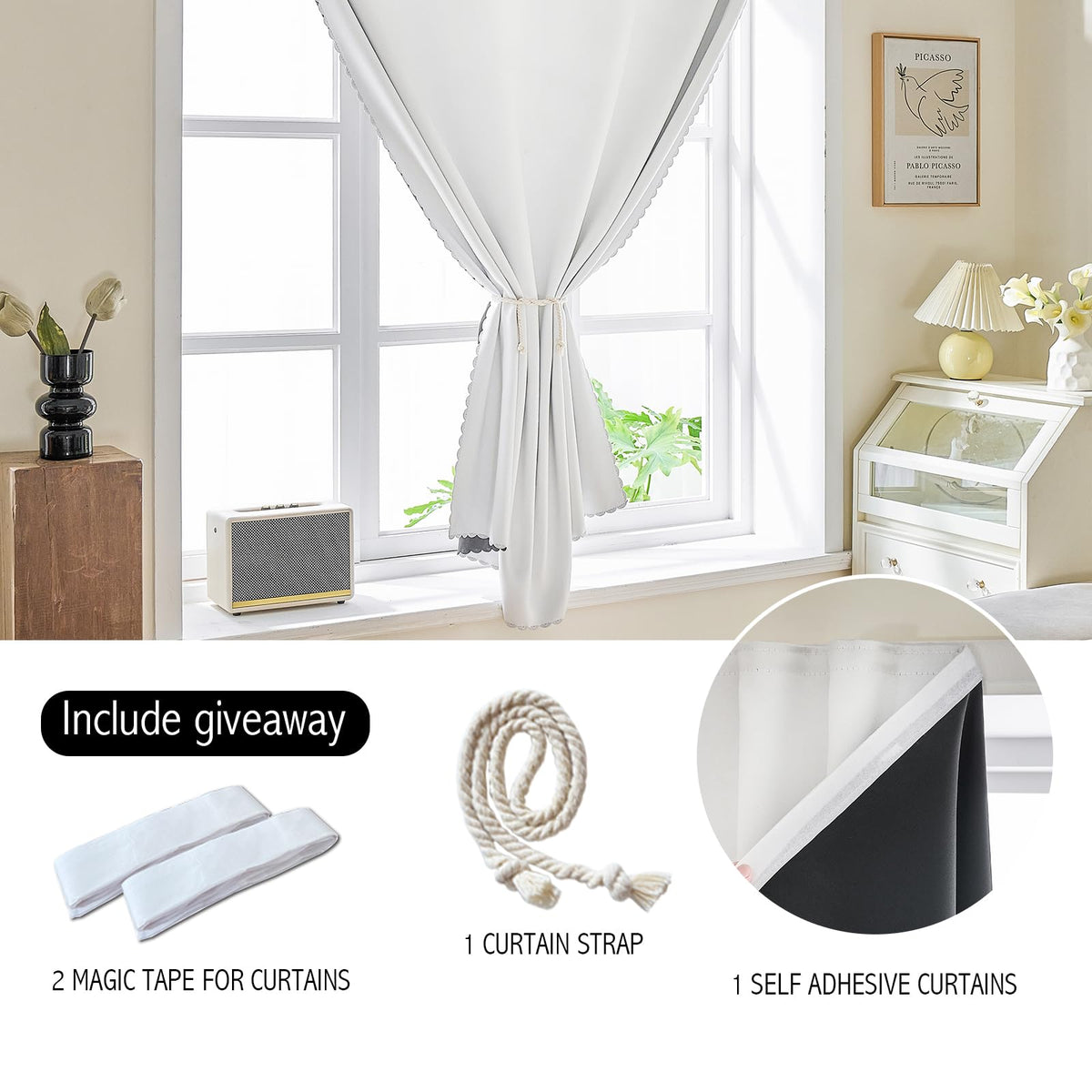 100% Blackout Self Adhesive Curtains Small Window Short Temporary Black Out Curtains Easy to Install Used for Bedroom Kitchen Window Cover (White/ Thickened / 35"W x 54"L (Pack of 1))