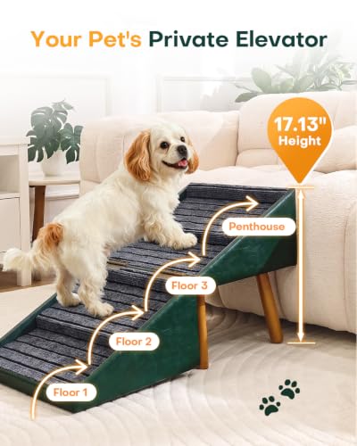 Dog Stairs for Small Dogs Faux Leather Foldable Pet Ramp and Ottoman (Olive Green / XL(17.13”H))