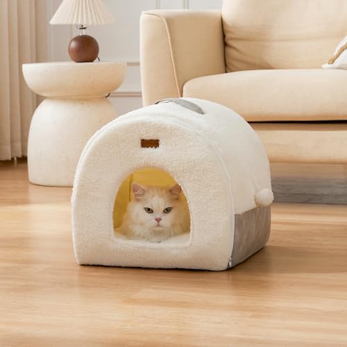 2in1 Cat Bed for Indoor Cats Foldable Cat Cave with Washable Pillow (M - 15.0"L x 15.0"W x 15.3"H / Cream)