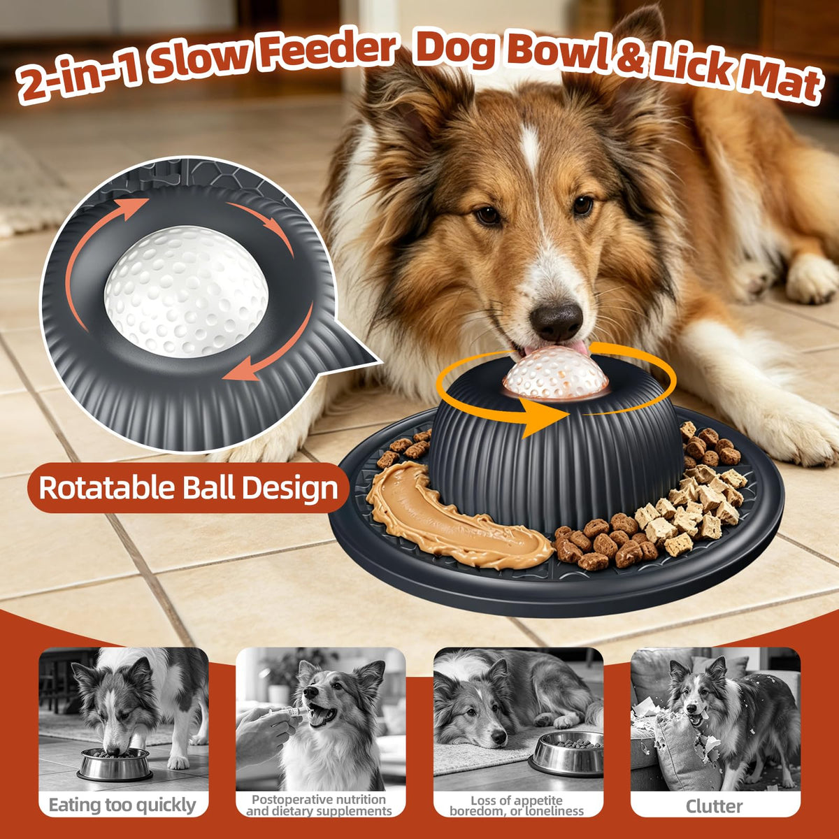 2-in-1 Dog Slow Feeder Bowl & Lick Mat with 2 Rotatable Balls, No-Slip Silicone Anxiety Relief Treat Mat for Dogs & Cats, Dishwasher Safe (Black) (Black)