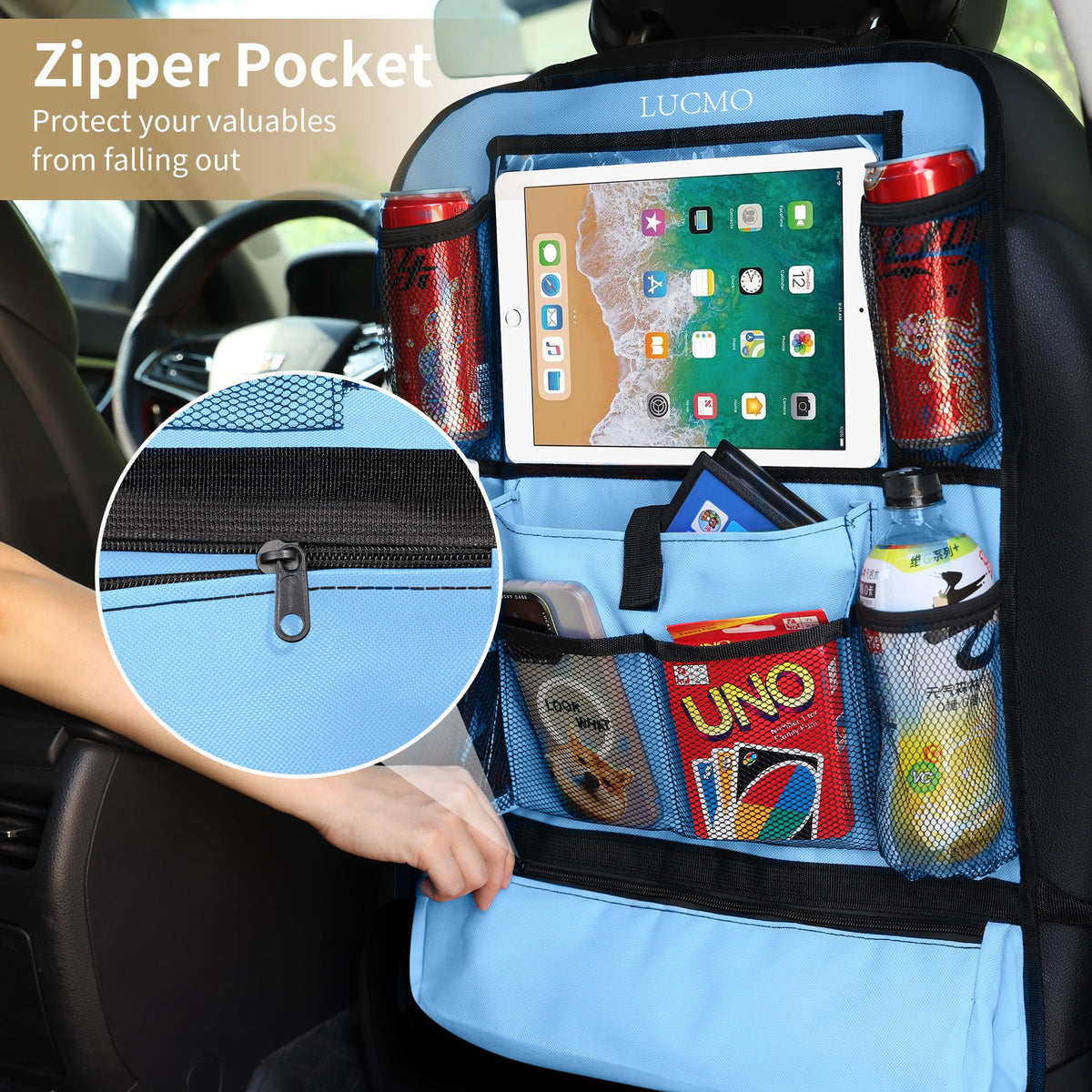 Car Backseat Organizer with Touch Screen Tablet Holder (Light Blue-1 / 2 Pack)