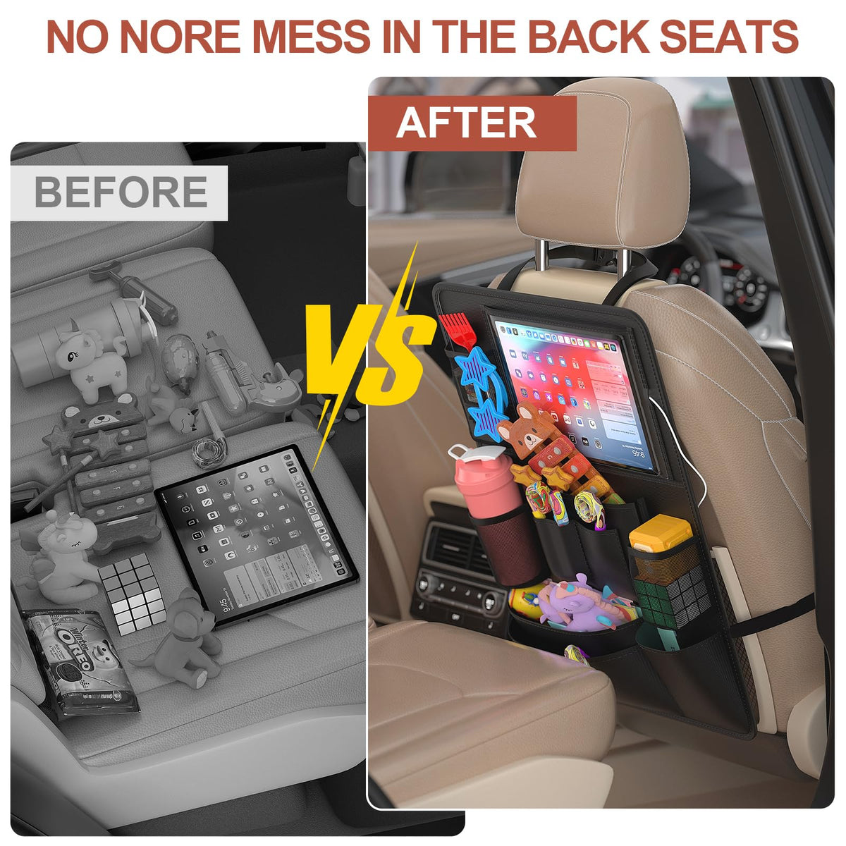 Backseat Car Organizer with Tablet Charging Port for Kids Travel (Black)