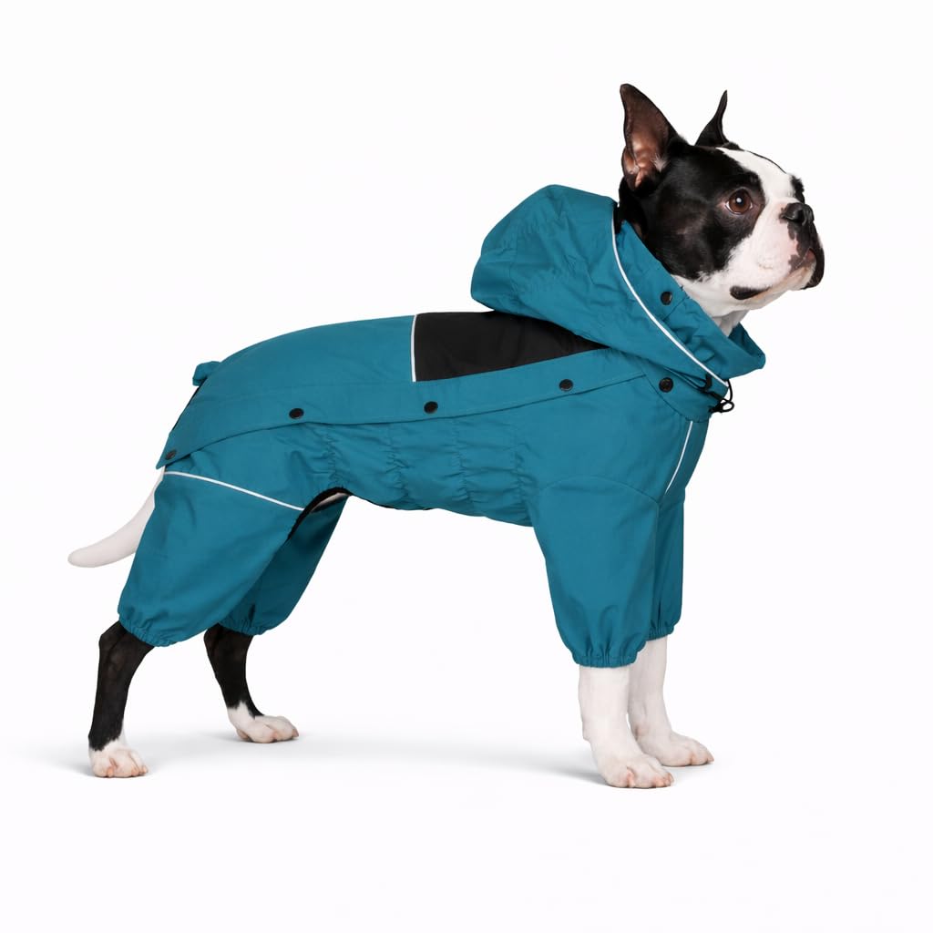 Waterproof Dog Raincoat with Removable Hood (Ocean Teal / M (Back 14"))