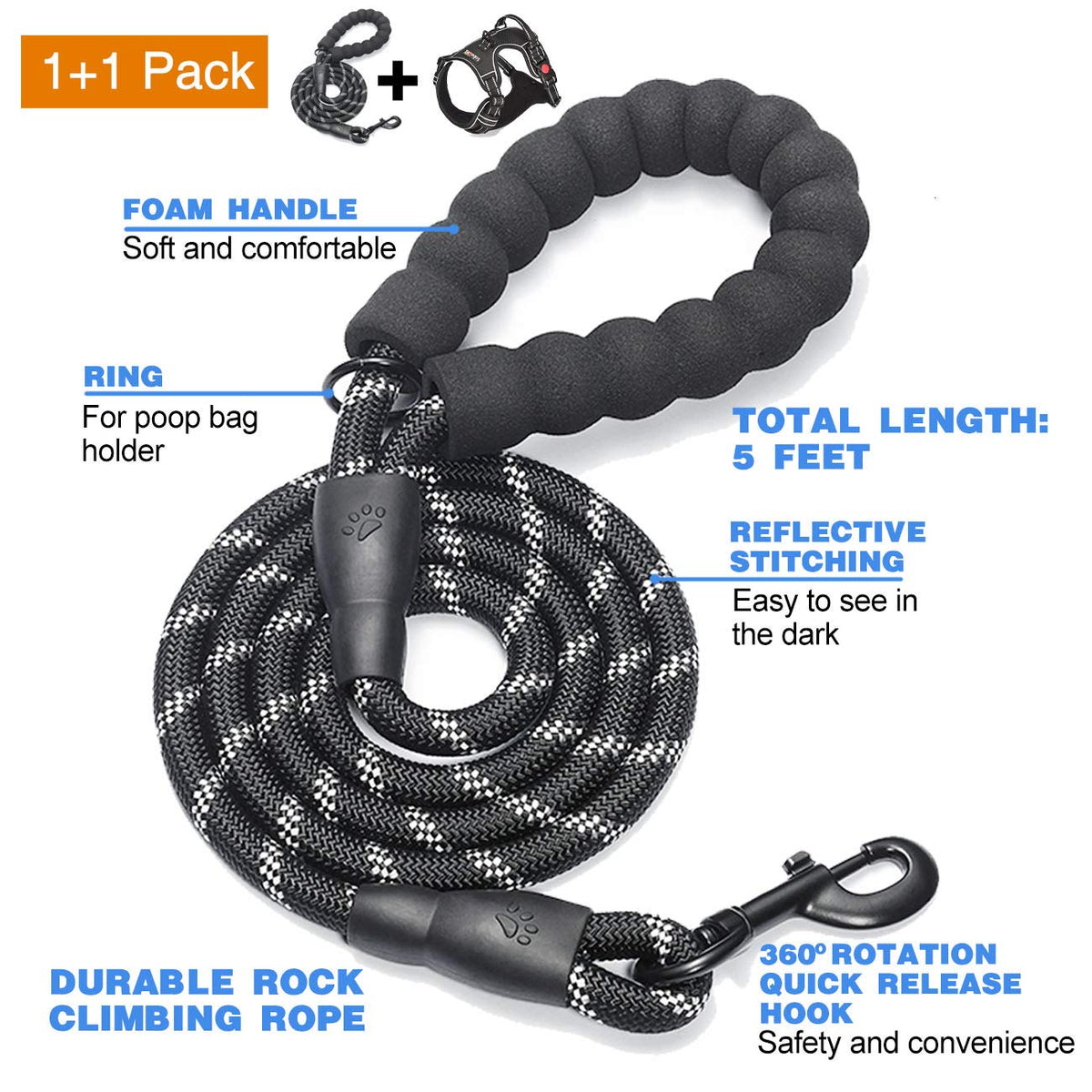 No Pull Dog Harness Adjustable Reflective Oxford Easy Control Medium Large Dog Harness with A Free Heavy Duty 5ft Dog Leash (Black / Large)